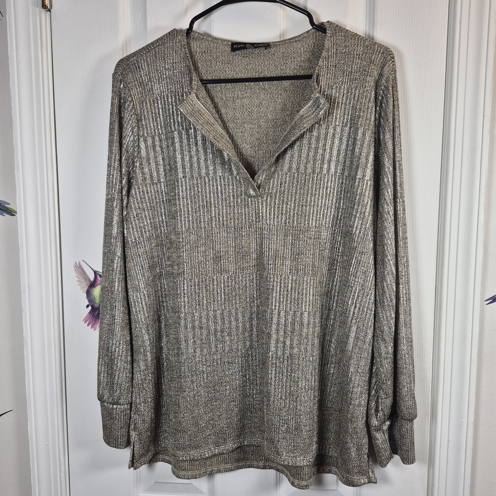 Kim & Cami L Gold Metallic Ribbed Long Sleeve Shirt Sparkly Glam
